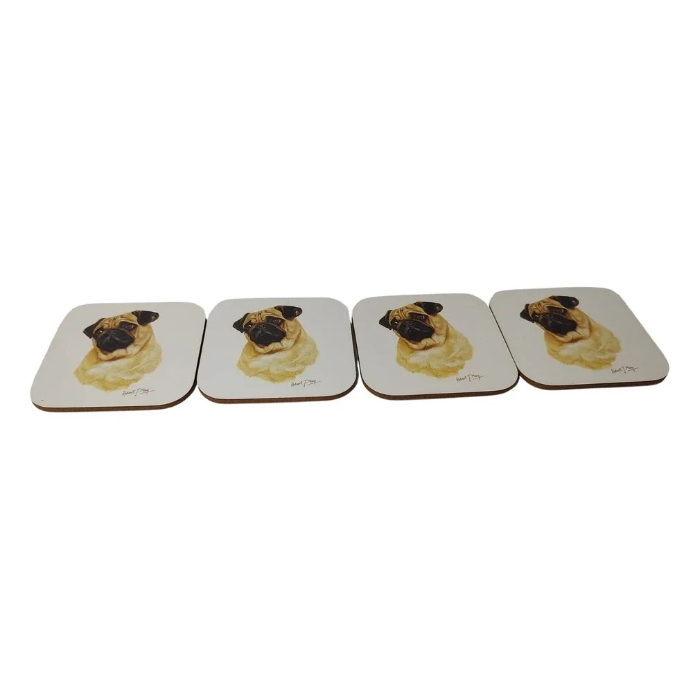 Dog Pug Drink Coasters Cork‎ Lot of Four 1993 Artist Robert J May Puppy Lover